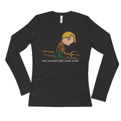 Why's Everybody Always Picking On Me? Ladies' Long Sleeve Aquaman Charlie Brown Mash-Up T-Shirt - House Of HaHa