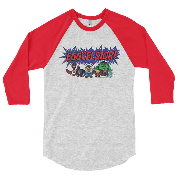 Eggcelsior! Marvel's Avengers Stan Lee Parody Excelsior 3/4 Sleeve Raglan Baseball Tee Shirt + House Of HaHa Best Cool Funniest Funny Gifts