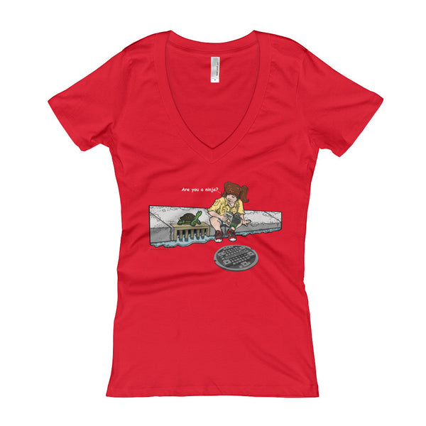 April in New York TMNT Are You a Ninja? Sewer Turtle Women's V-Neck T-shirt + House Of HaHa Best Cool Funniest Funny Gifts